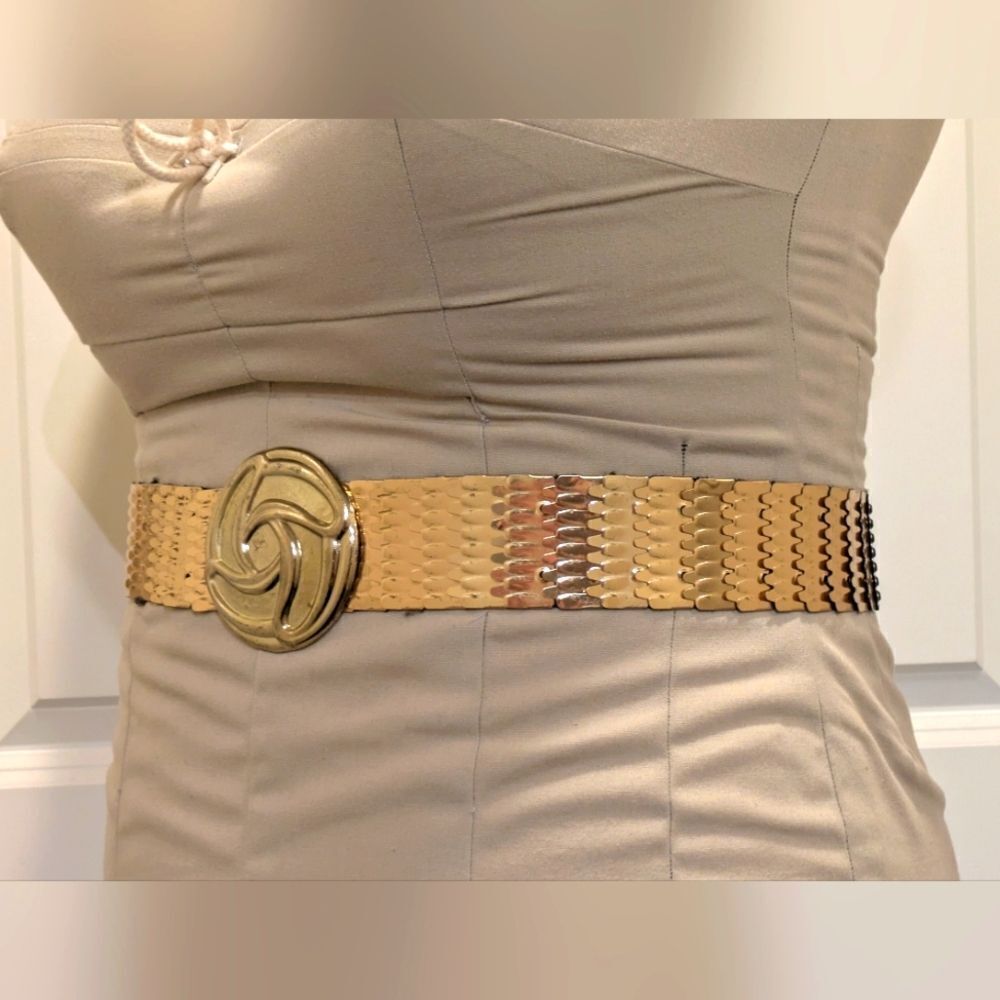 3/$30 Iconic 80s Vintage Gold Metal Scale Stretch Belt - Picture 6 of 6
